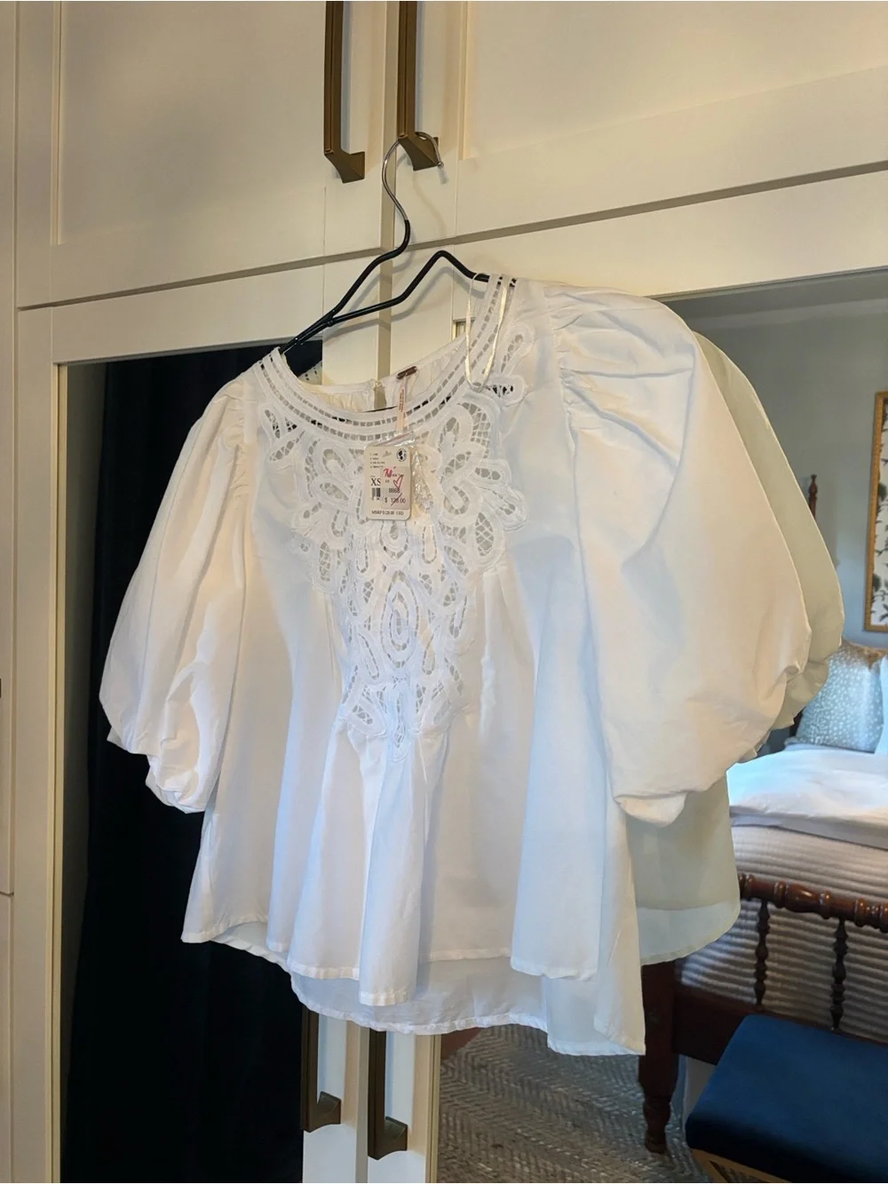 Free People White Eyelet Lace Puff-Sleeve Blouse
